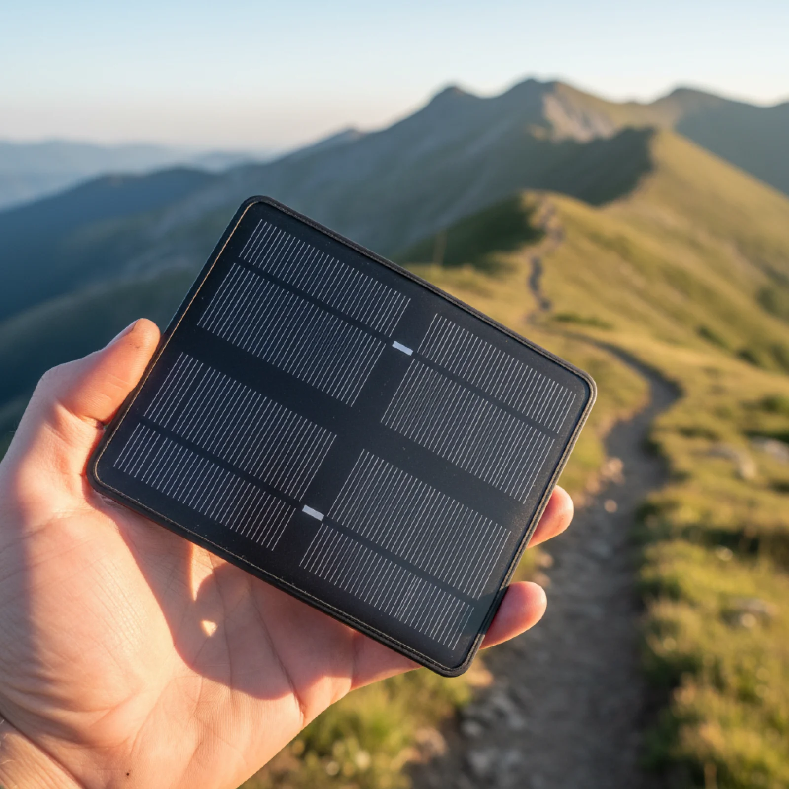Panneau solaire portable 6W tenu en main, cellules monocristallines visibles, fond montagne flou